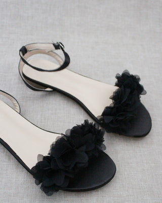 Black Satin Flat Sandal with Chiffon Flowers and Ankle StrapWomen Shoes
