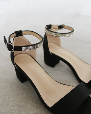 Satin Block Heel Sandals with Mini Rhinestones Embellished Ankle Strap