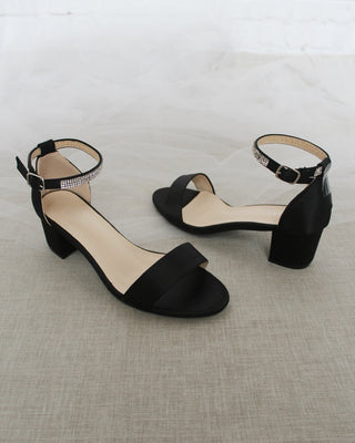 Satin Block Heel Sandals with Mini Rhinestones Embellished Ankle Strap