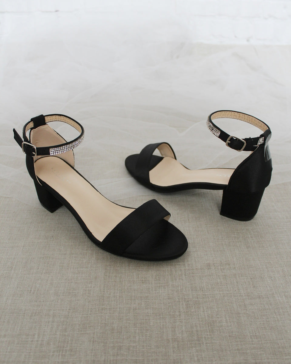 Satin Block Heel Sandals with Mini Rhinestones Embellished Ankle Strap ...