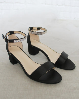 Satin Block Heel Sandals with Mini Rhinestones Embellished Ankle Strap