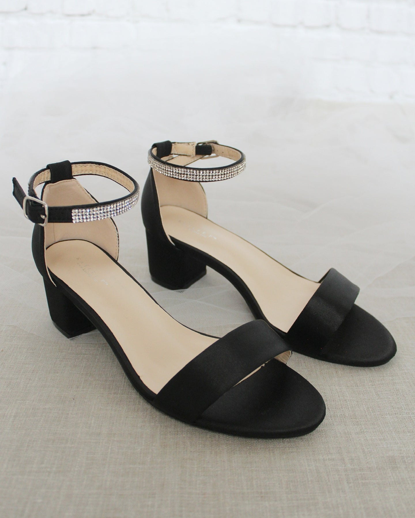 Satin Block Heel Sandals with Mini Rhinestones Embellished Ankle Strap -  Wedding Heels, Bridal Sandals, Bridesmaids Sandals