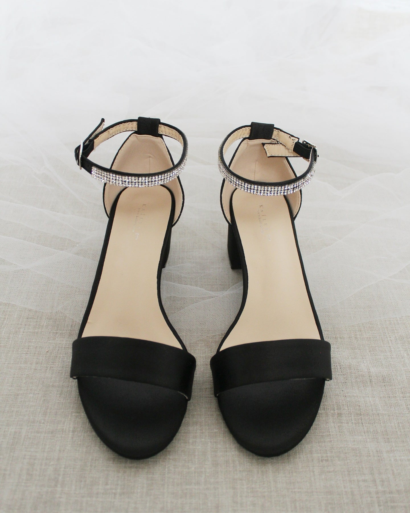 Satin Block Heel Sandals with Mini Rhinestones Embellished Ankle