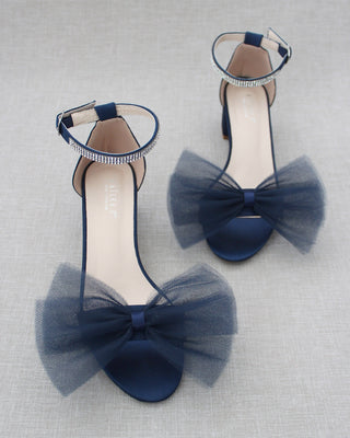 Navy Blue Women Block Heel Sandals with Front Tulle Bow