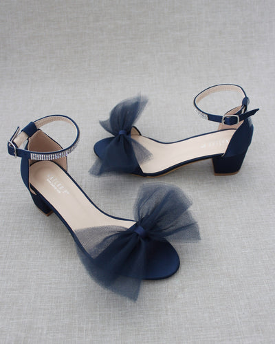 Navy Blue Women Block Heel Sandals with Front Tulle Bow