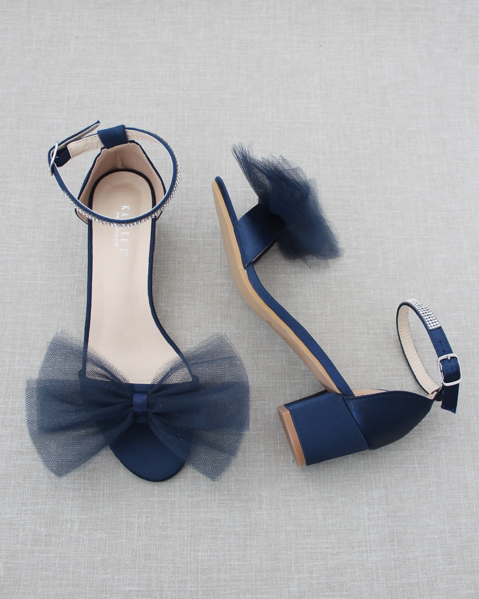 Satin Block Heel Sandal with Front Oversized Tulle Bow, Women Shoes