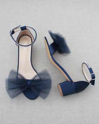Navy Blue Women Block Heel Sandals with Front Tulle Bow