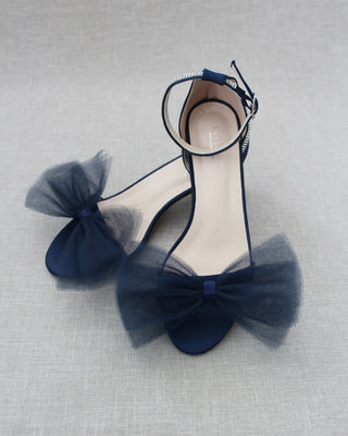 Navy Blue Women Block Heel Sandals with Front Tulle Bow