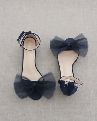 Navy Blue Women Block Heel Sandals with Front Tulle Bow