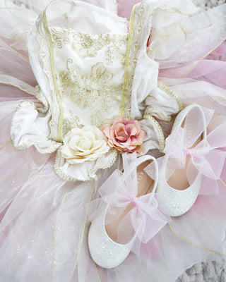 Fairy Inspired Shoes -  White Rock Glitter Mary Jane Flats with Chiffon Bow