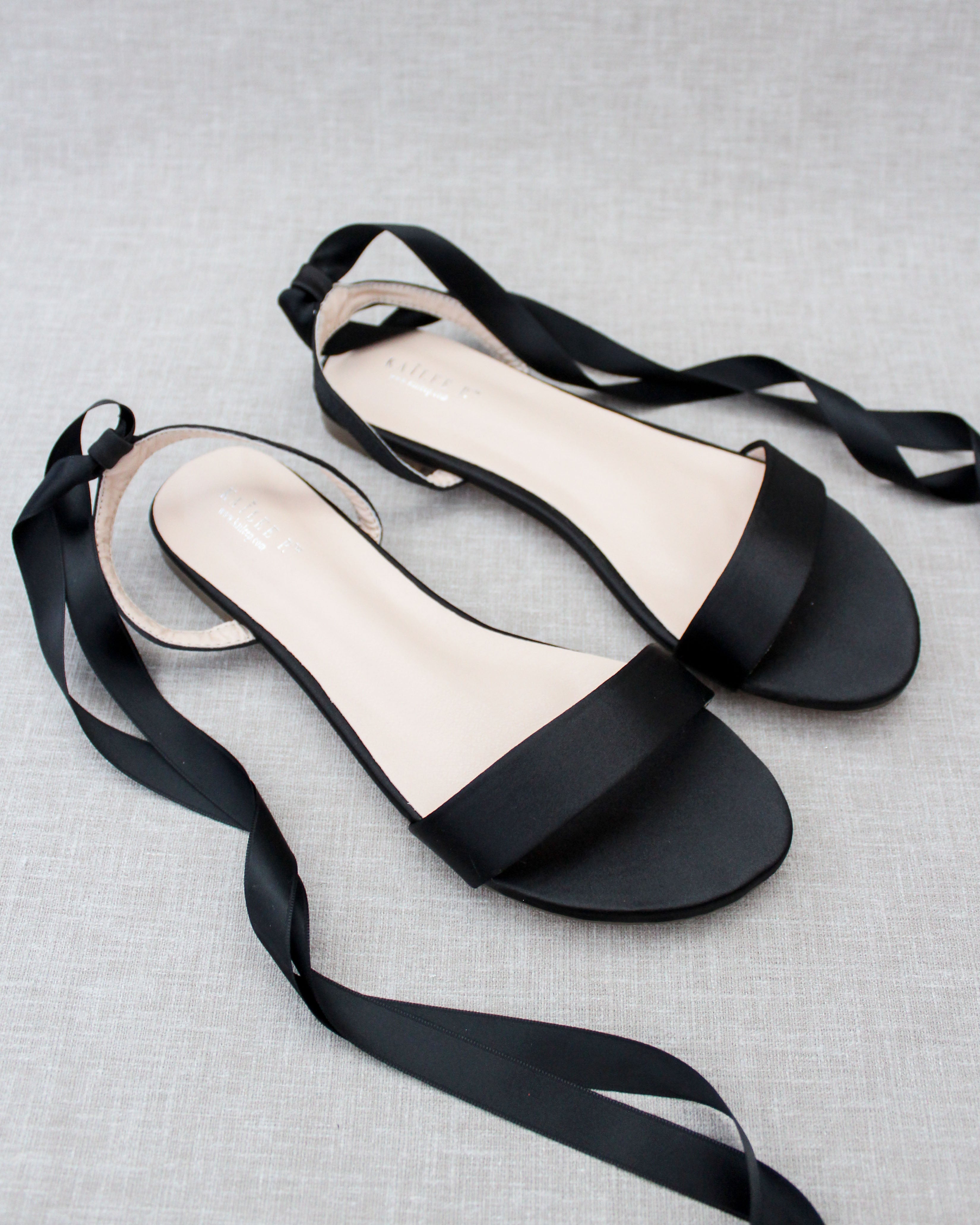 Black Satin Girls Flat Sandal with Ballerina Lace Up Black Satin Girls Flat Sandal with Ballerina Lace Up