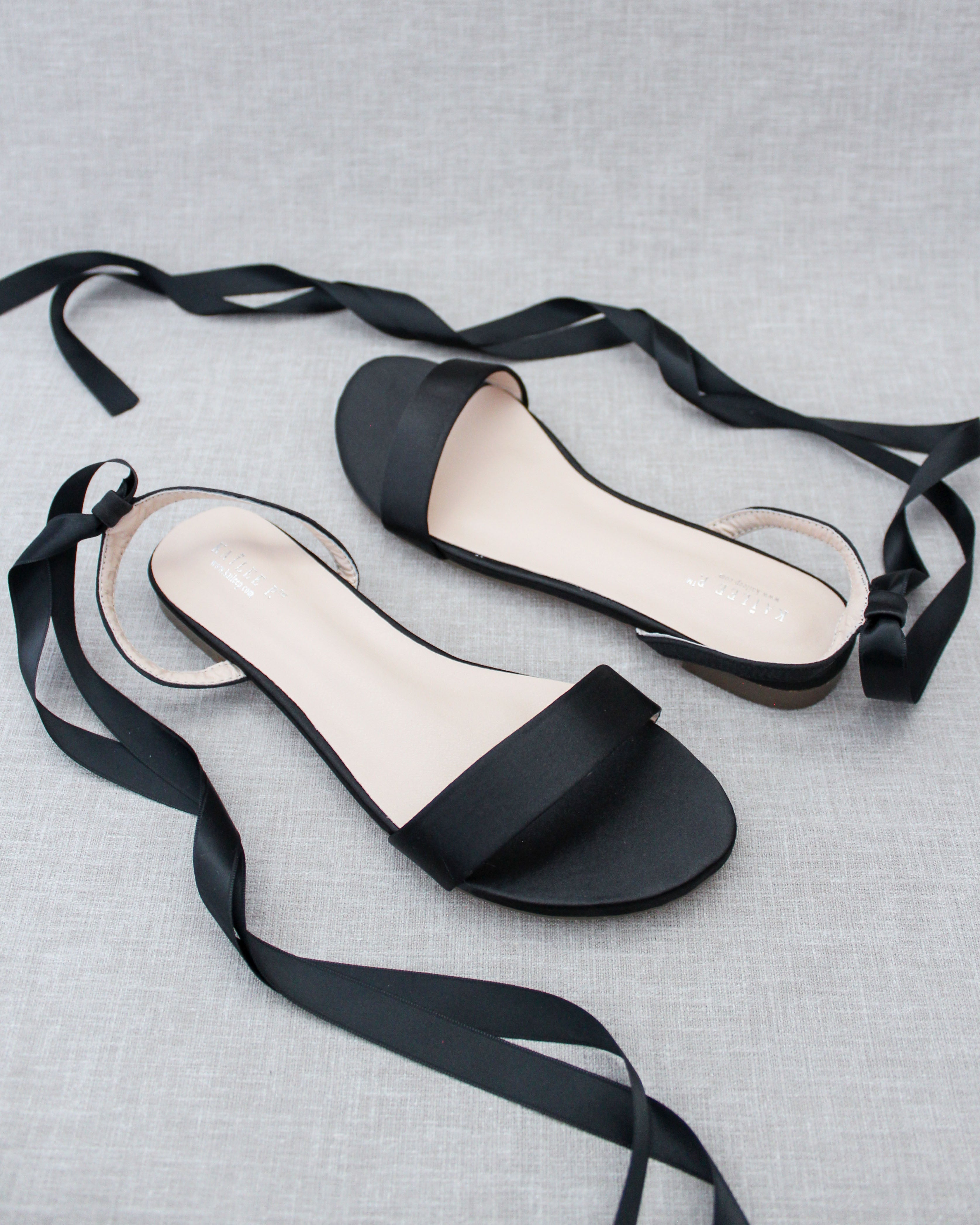 Black Satin Flat Sandal with Ballerina Lace Up, Bridesmaid Sandals Black Satin Flat Sandal with Ballerina Lace Up, Bridesmaid Sandals