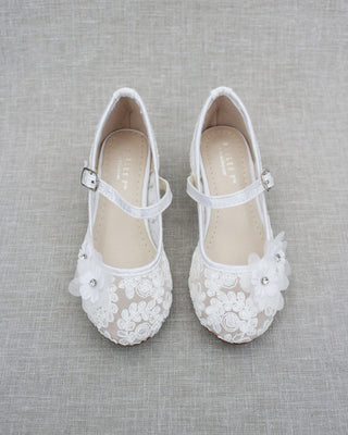 White Lace Mary Jane Kids Heels with Flowers
