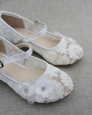 White Lace Mary Jane Kids Heels with Flowers