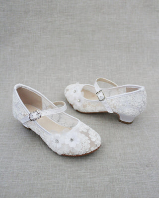 White Lace Mary Jane Kids Heels with Flowers