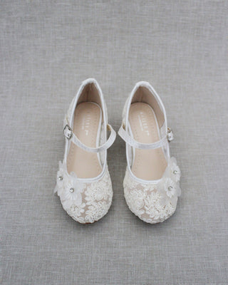 Ivory Lace Mary Jane Heels with Flowers