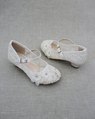 Ivory Lace Mary Jane Heels with Flowers