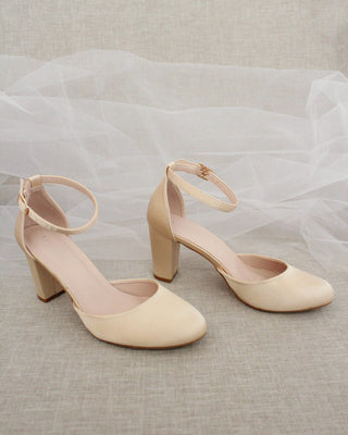 Champagne Satin Block Heels with Back Bow