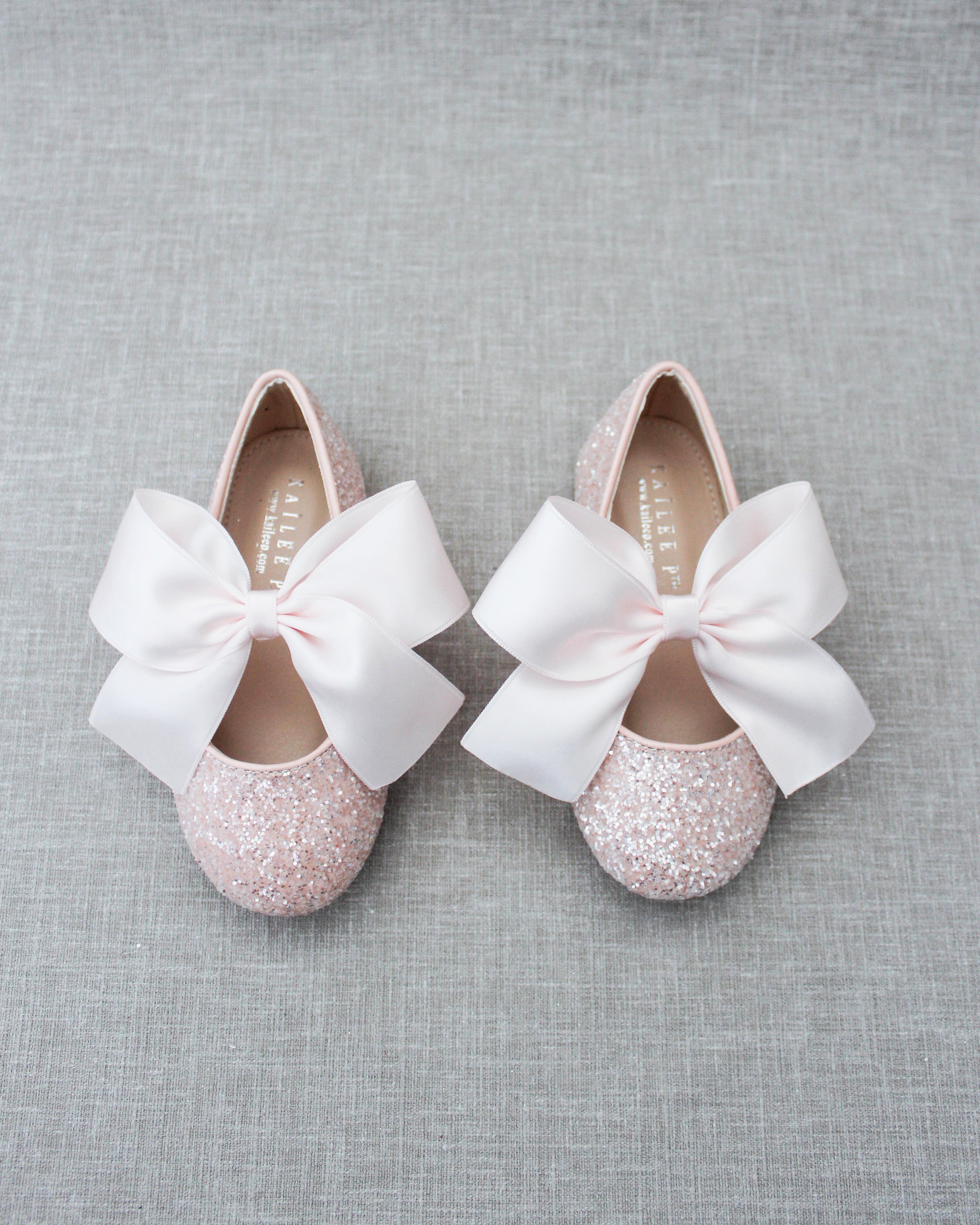 Dusty Pink Rock Glitter Mary Jane Ballet Flats with Bow, Girls Shoes