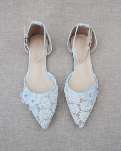 Light Blue Lace Women Flats with Flowers