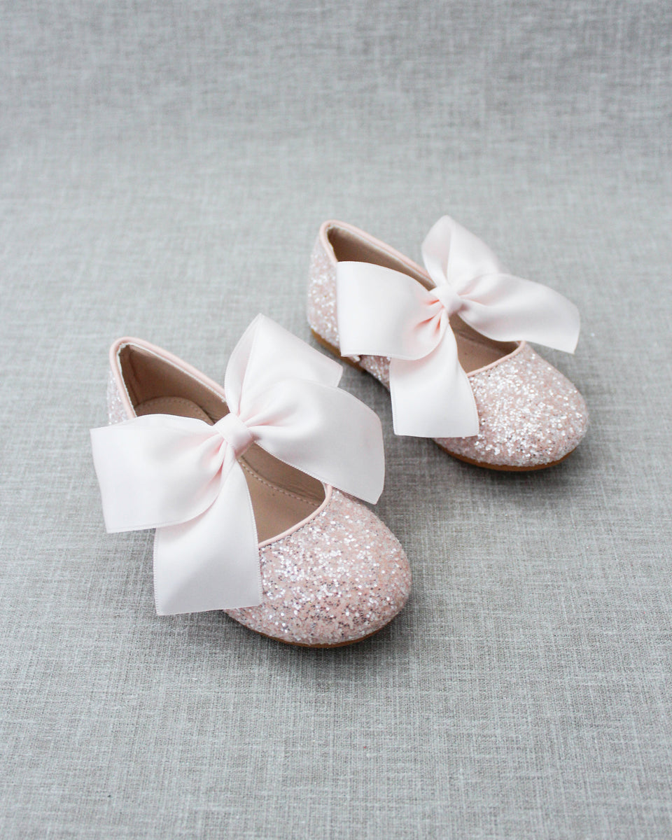 Dusty Pink Rock Glitter Mary Jane Ballet Flats with Satin Bow - Flower ...
