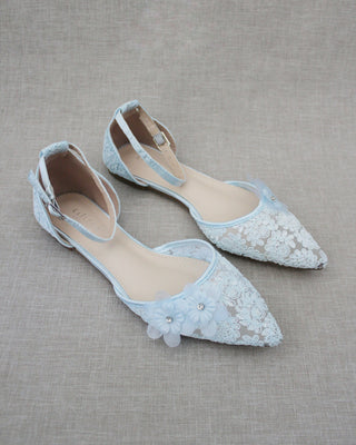 Light Blue Lace Women Flats with Flowers