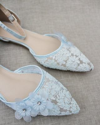 Light Blue Lace Women Flats with Flowers