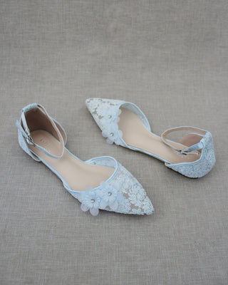 Light Blue Lace Women Flats with Flowers