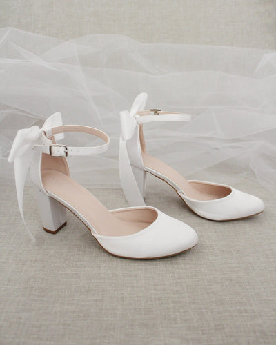 White Satin Heels with Back Bow