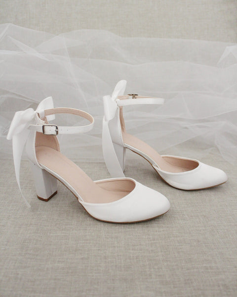 White Satin Block Heel with Satin Back Bow Bridal Shoes