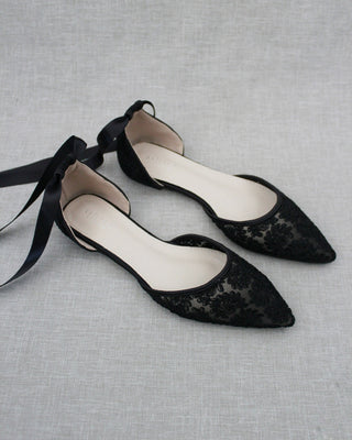 Black Crochet Lace Pointy Toe with Ballerina Lace Up or Ankle TieWomen Shoes