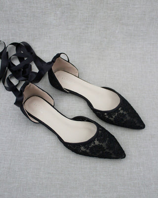 Black Crochet Lace Pointy Toe with Ballerina Lace Up or Ankle TieWomen Shoes