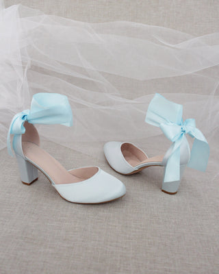 Light Blue Satin Block Heels with Wrapped Tie