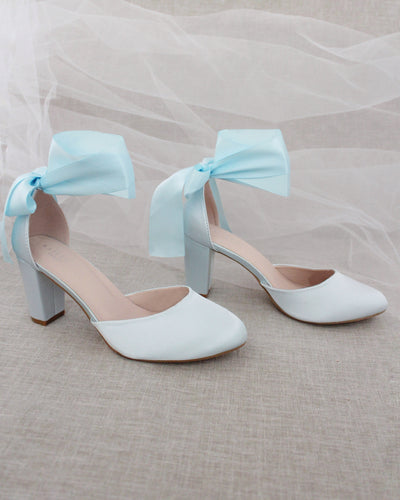 Light Blue Satin Block Heels with Wrapped Tie