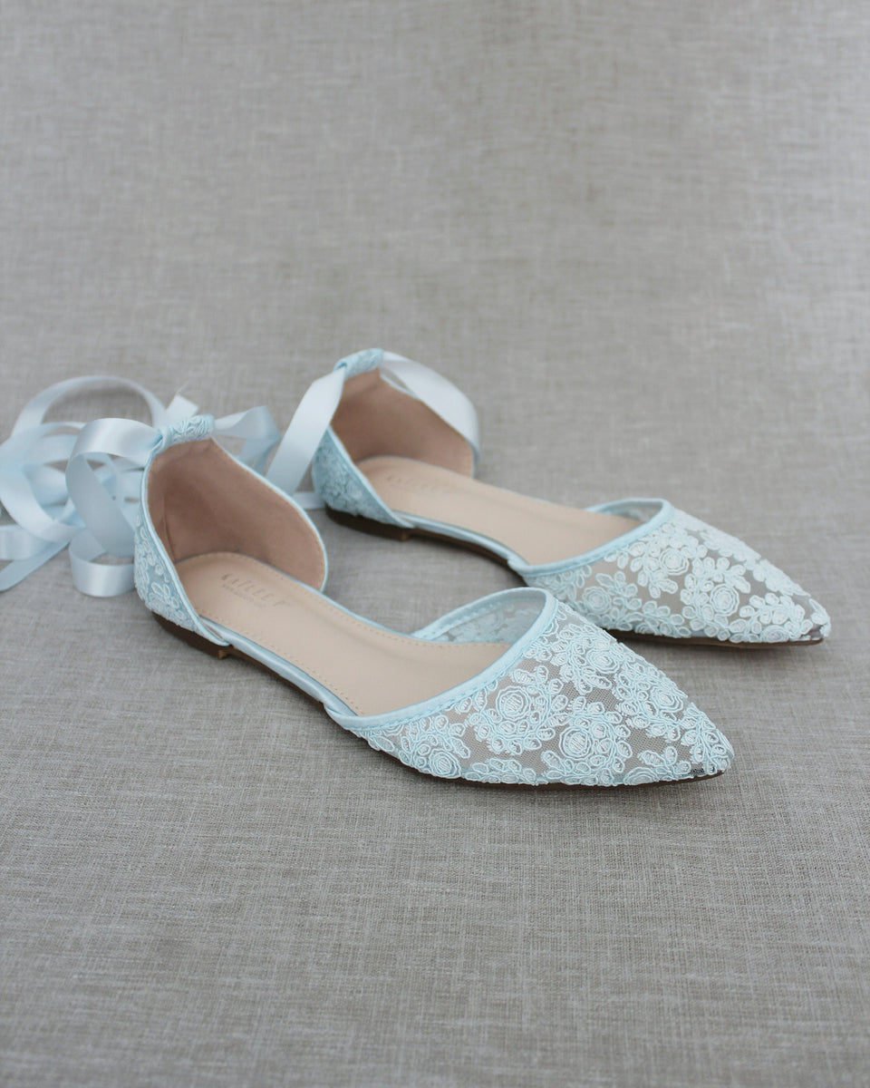 Light Blue Crochet Lace Pointy Toe with Ankle Tie or Ballerina Lace Up ...