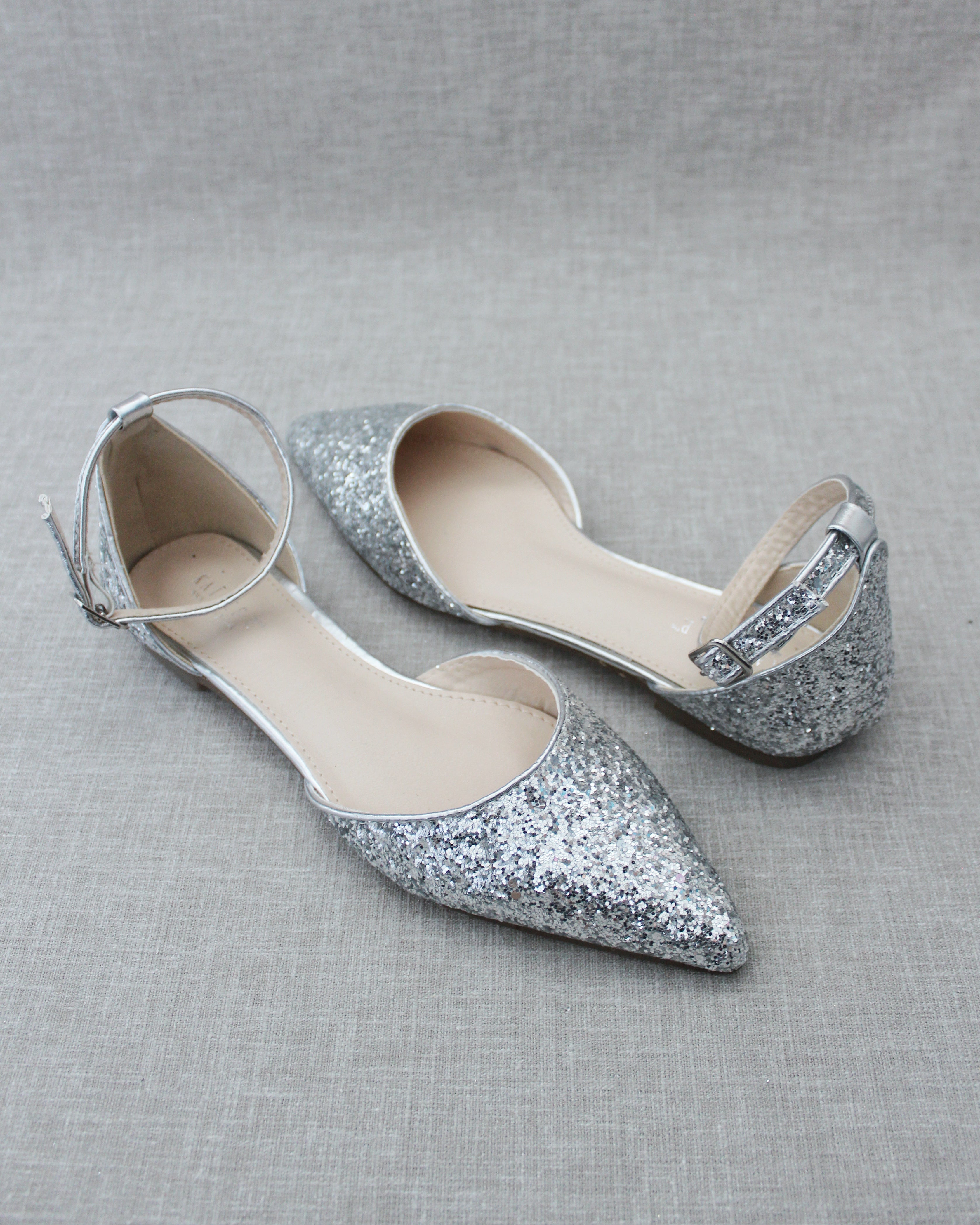 Silver Rock Glitter Ankle Strap Flats, Women Shoes