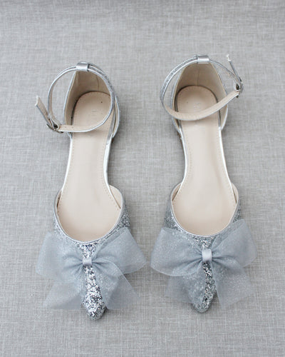 Silver Glitter Women Flats with Chiffon Bow