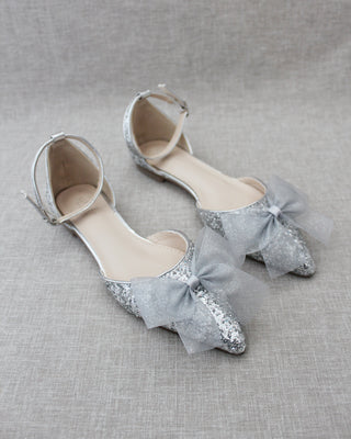 Silver Glitter Women Flats with Chiffon Bow