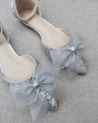 Silver Glitter Women Flats with Chiffon Bow