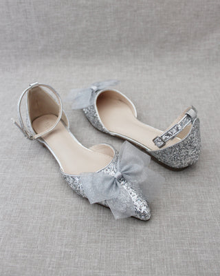 Silver Glitter Women Flats with Chiffon Bow