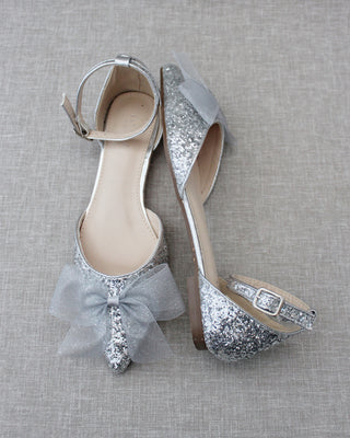 Silver Glitter Women Flats with Chiffon Bow