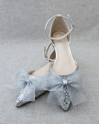 Silver Glitter Women Flats with Chiffon Bow