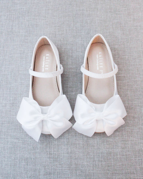 White Satin Maryjane Flats with Front Satin Bow, Communion Shoes