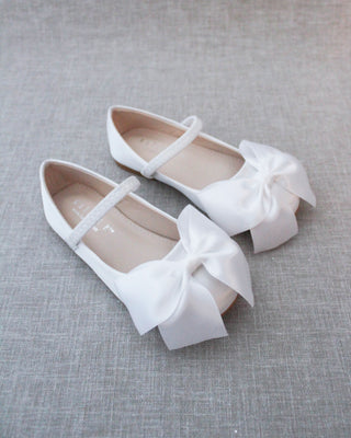 White Mary Jane Girls Flats with Front Bow