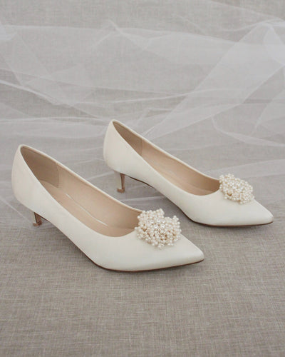 Ivory Satin Pumps with Mini Pearls