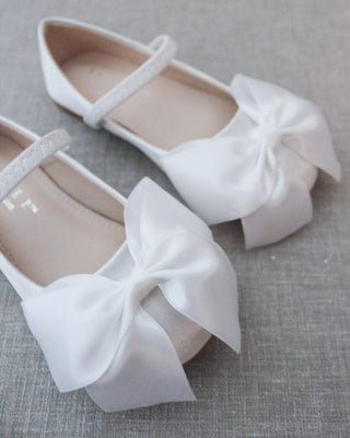 White Mary Jane Girls Flats with Front Bow
