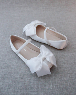 White Mary Jane Girls Flats with Front Bow