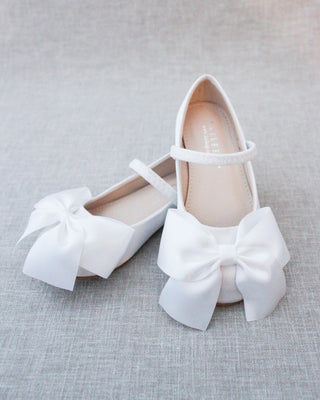 White Mary Jane Girls Flats with Front Bow