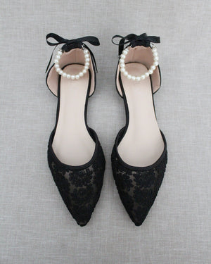 Black Crochet Lace Pointy Toe with All Pearls Ankle Strap