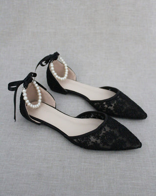 Black Crochet Lace Pointy Toe with Pearls Ankle StrapWomen Shoes